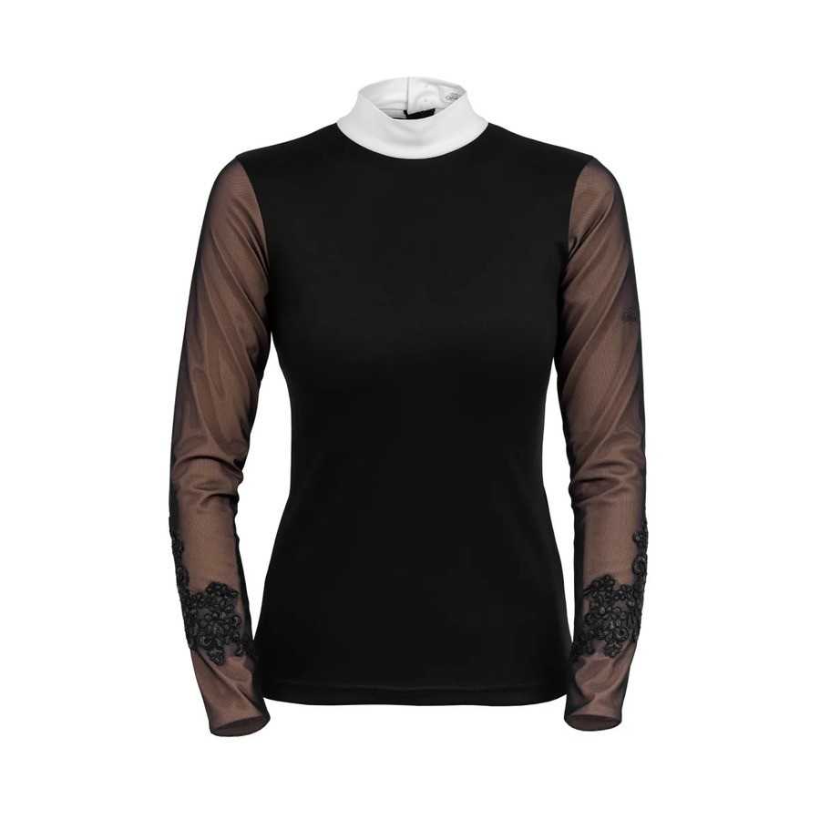 Camisola preta feminina com gola branca e mangas transparentes com renda
