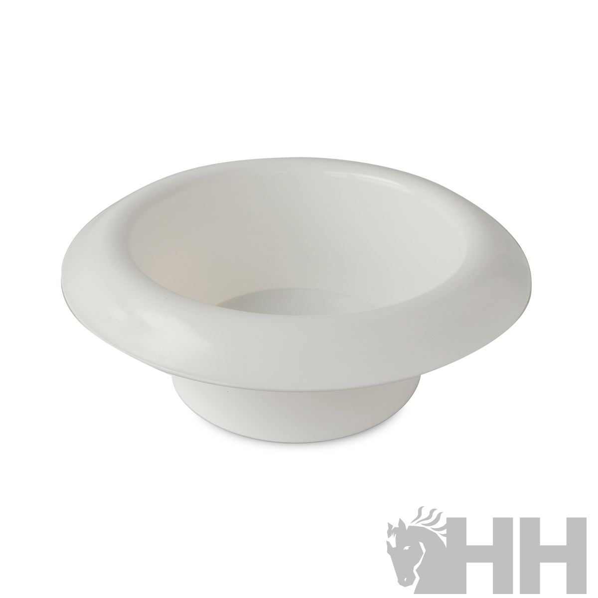 Bacia branca de plástico com bordo largo e superfície lisa