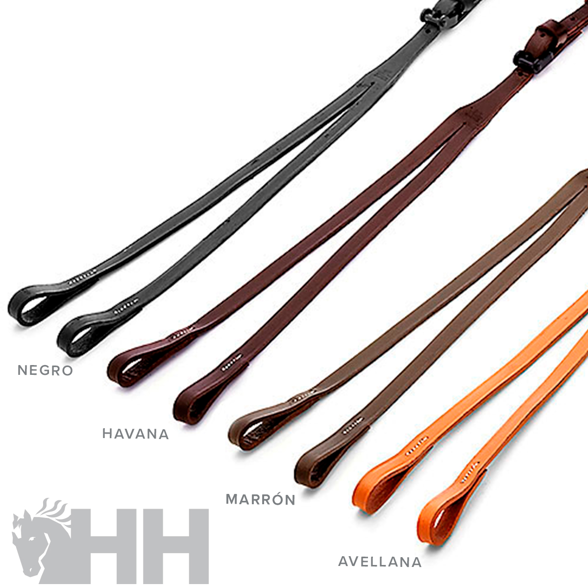 Cinco correias de couro em várias cores alinhadas sobre fundo branco