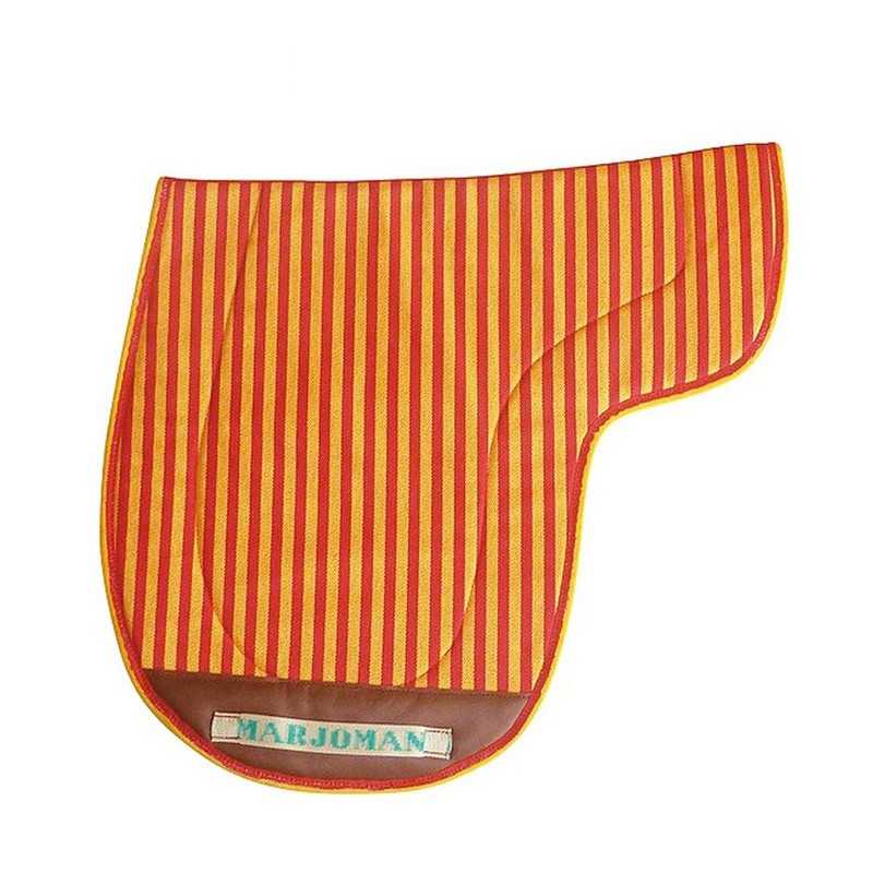 Manta para selim de cavalo riscada vermelha e amarela com etiqueta MARJOMAN