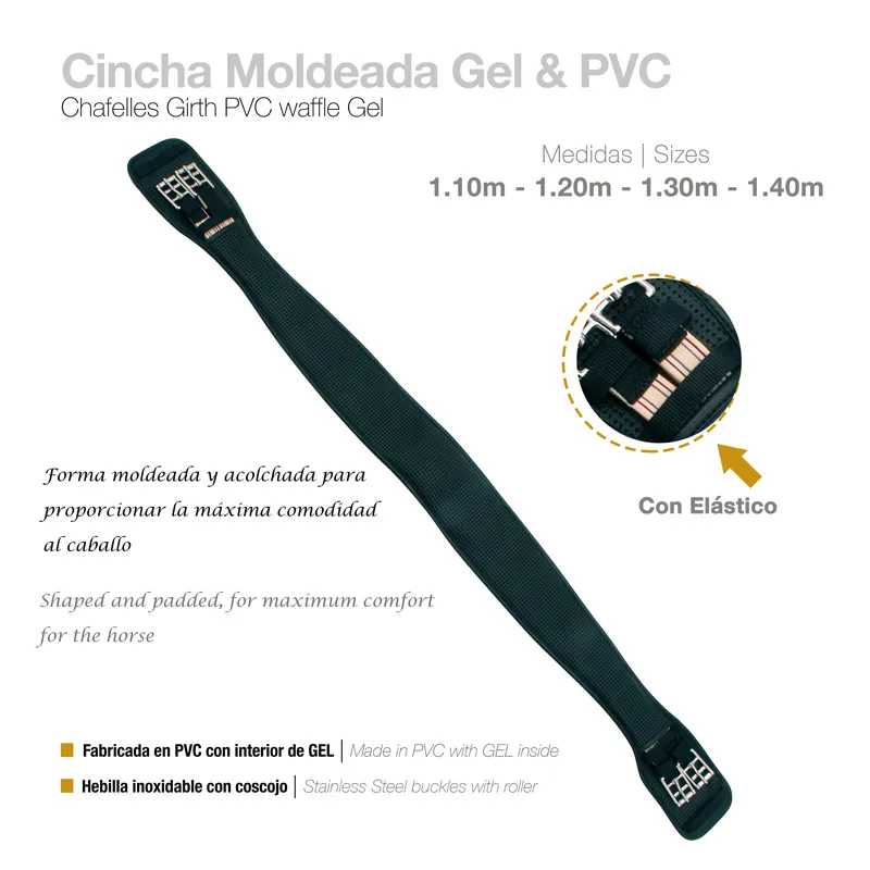 Cincha Moldeada Gel e PVC preta com fivela inoxidável e múltiplas medidas