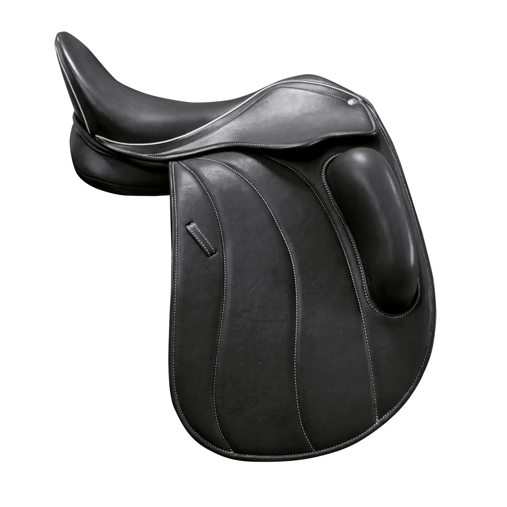 Sela de cavalo preta em couro com costuras cinzentas