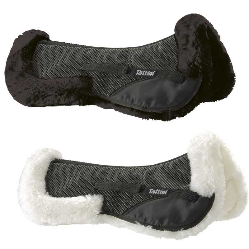 Proteções para sela de cavalo com tecido preto e bordas de pelo sintético em preto e branco