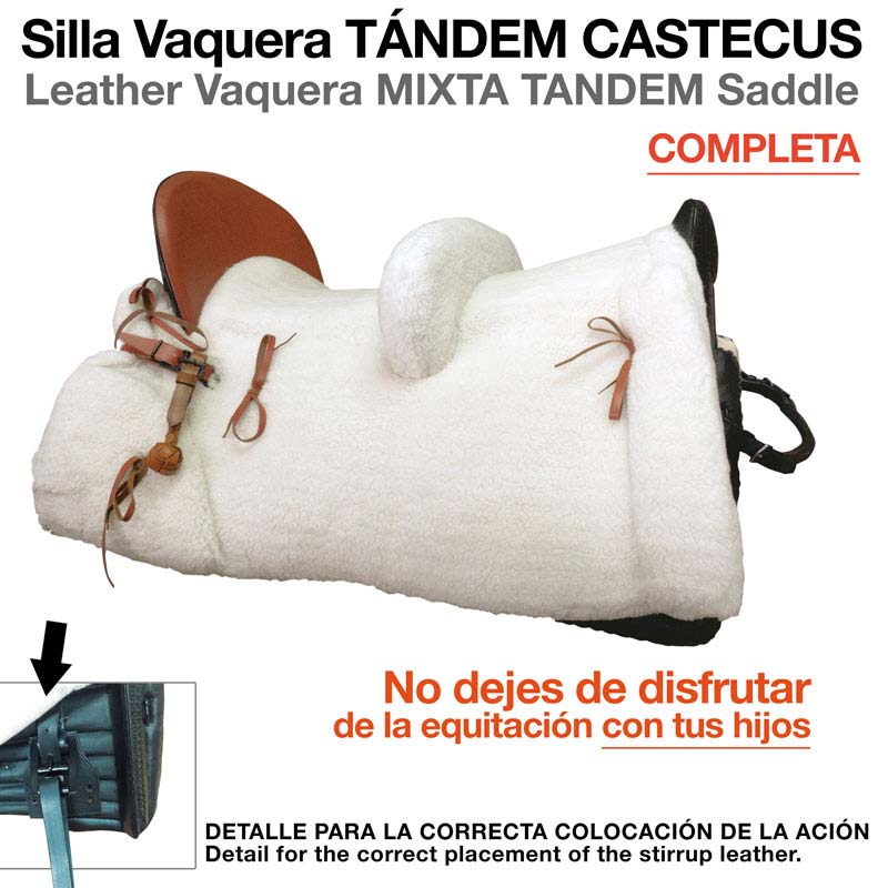 Sela de equitação dupla em pele com pelúcia branca e correias de couro castanho