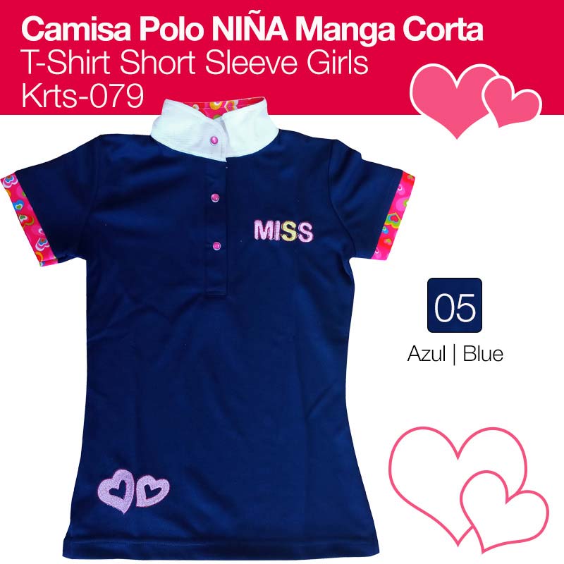Camisa polo azul de manga curta para menina com gola branca e detalhes coloridos