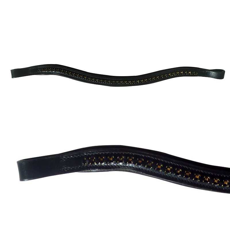 Peça de couro preta curva com costura e detalhe central colorido