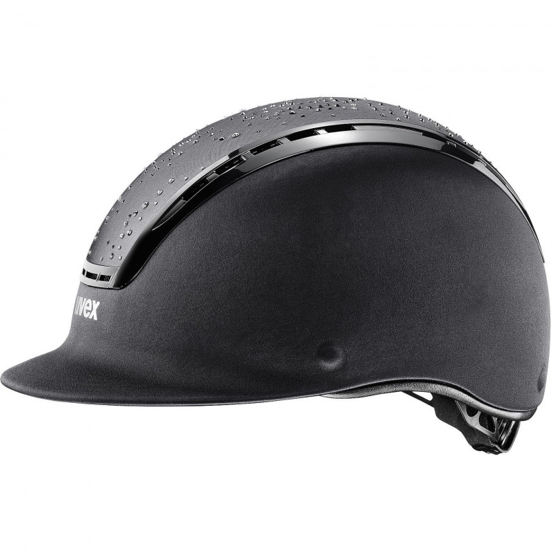 Capacete preto para equitação com visor e marca uvex na lateral