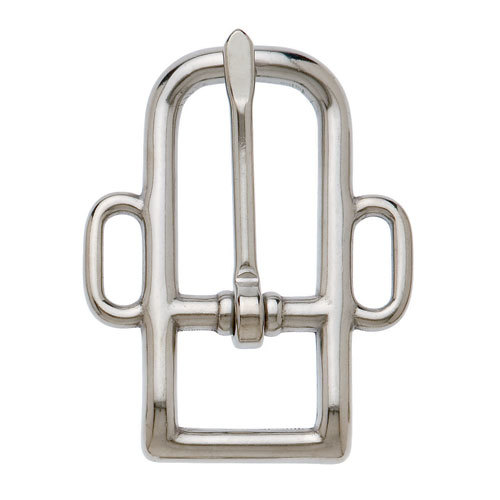 Fivela metálica prateada retangular com haste central e argolas laterais