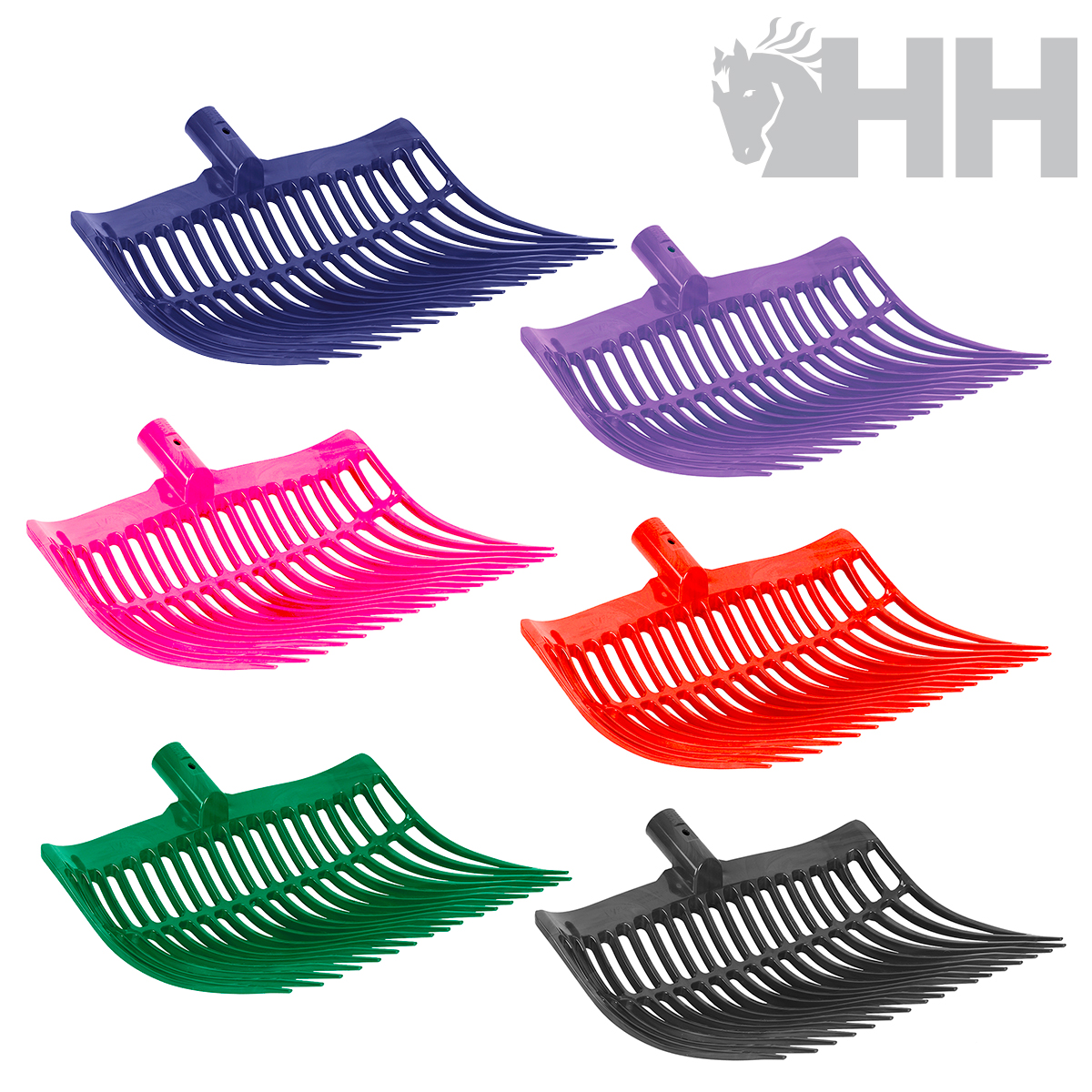 Seis garfos plásticos coloridos para feno sobre fundo branco com logotipo HH