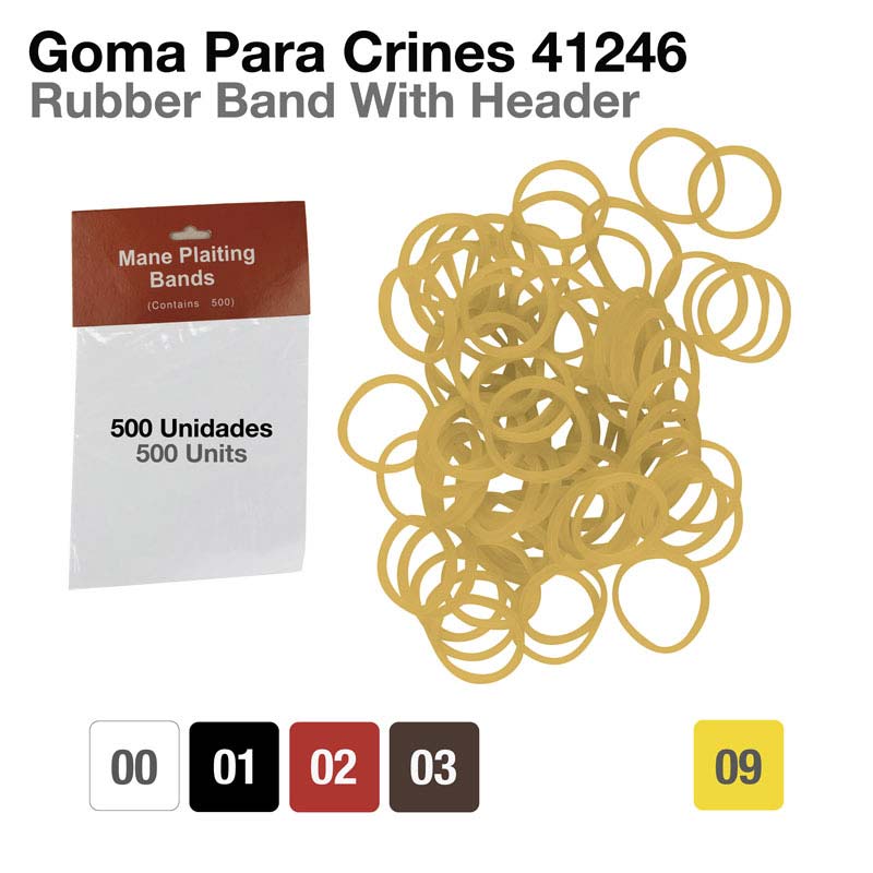 Pacote de 500 gomas para crinas amarelas com embalagem e cabeçalho vermelho