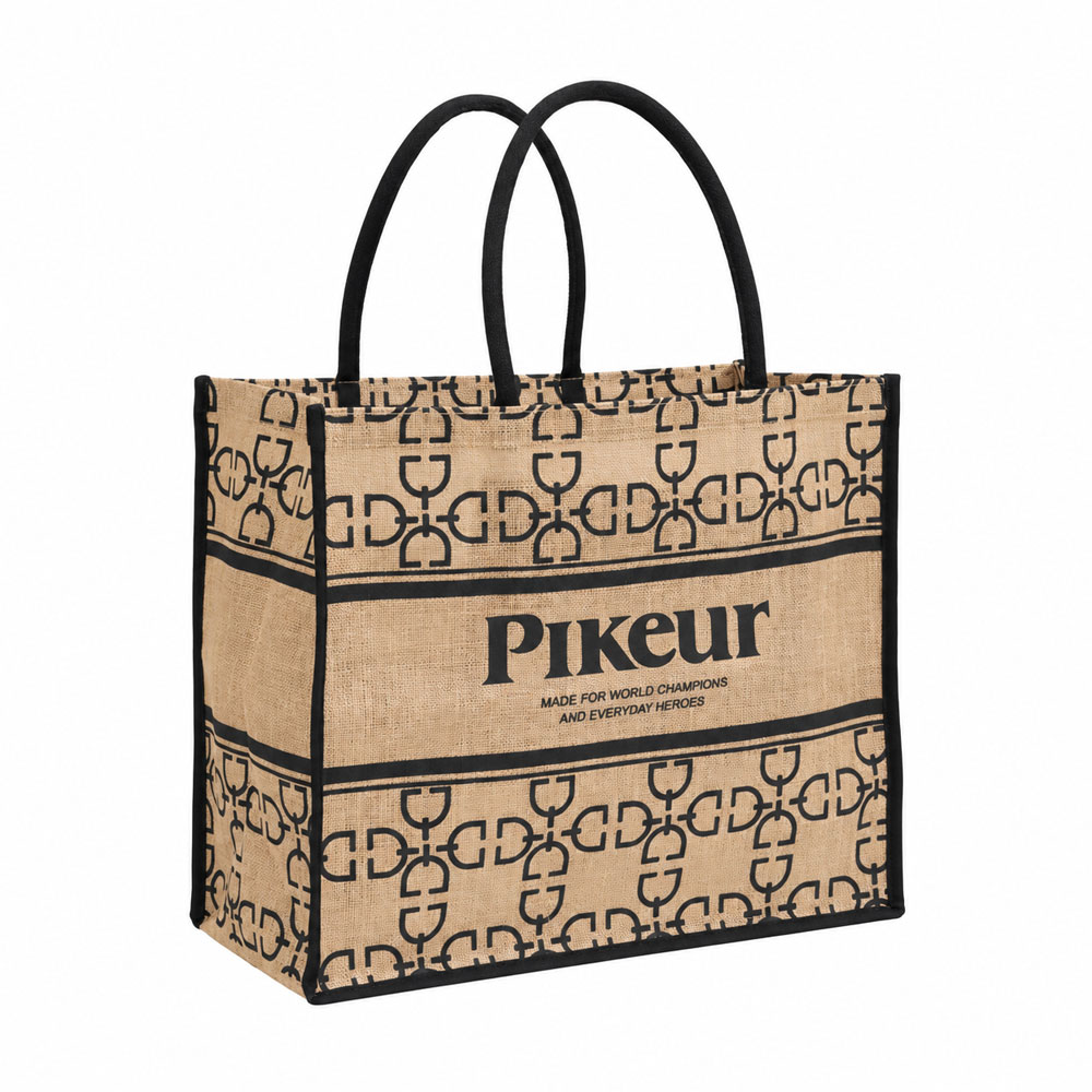 Saco de compras de juta bege com padrão preto e inscrição Pikeur