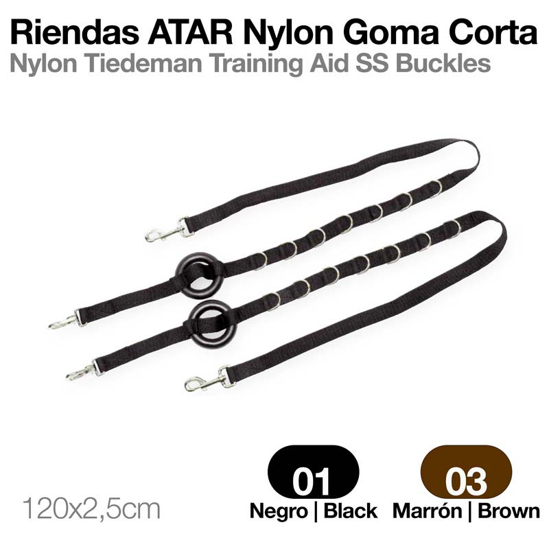 Rienda ATAR Nylon em preto e castanho com argolas e ganchos metálicos para treino