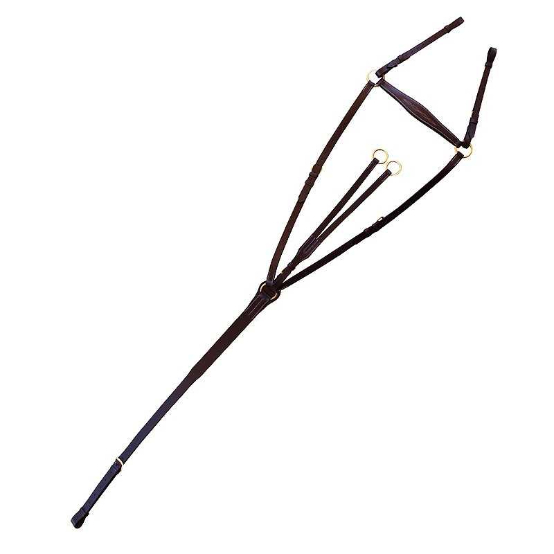 Peitoral para cavalo em couro castanho escuro com argolas metálicas douradas