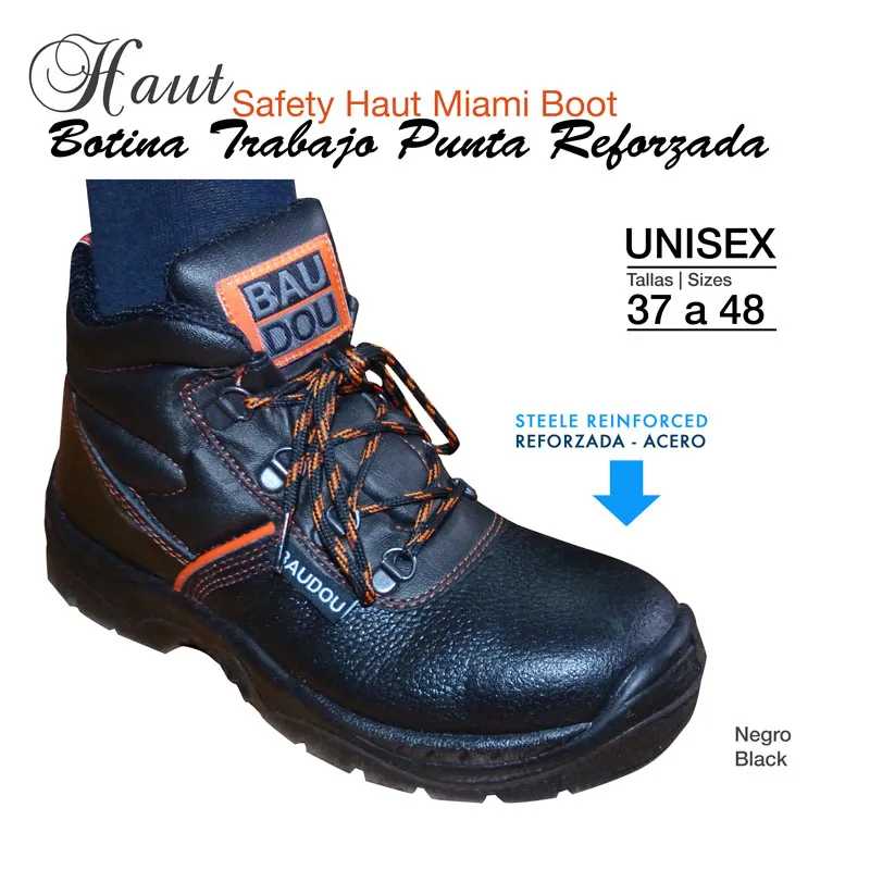 Bota de trabalho preta com reforço e detalhes em laranja