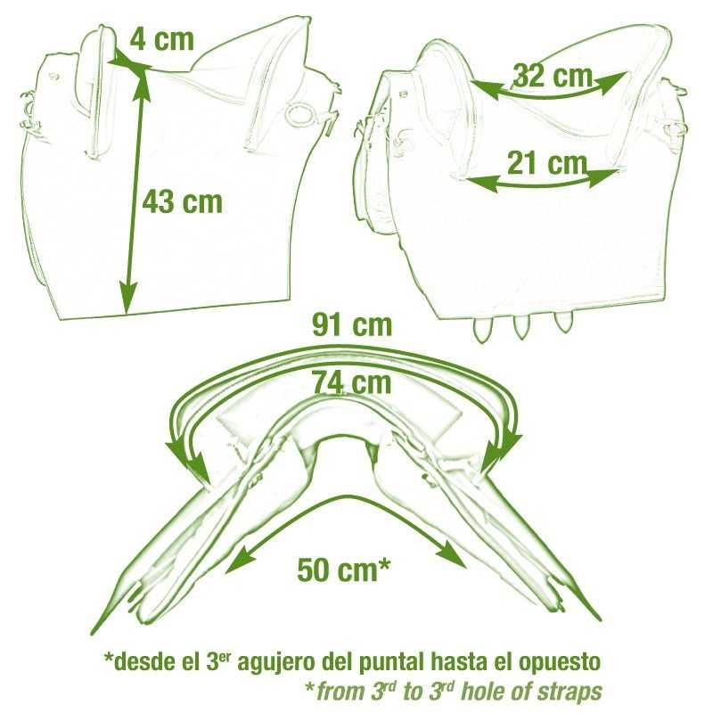 Desenho técnico verde de sela de equitação com medidas em centímetros