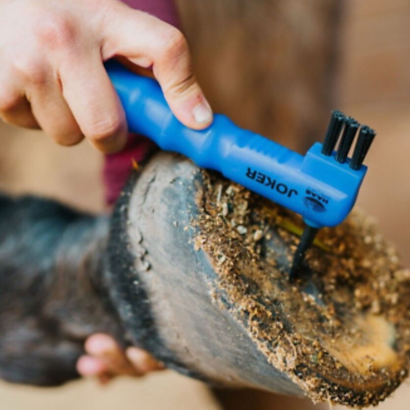 Escova de limpeza azul para casco de cavalo com cerdas pretas e texto JOKER