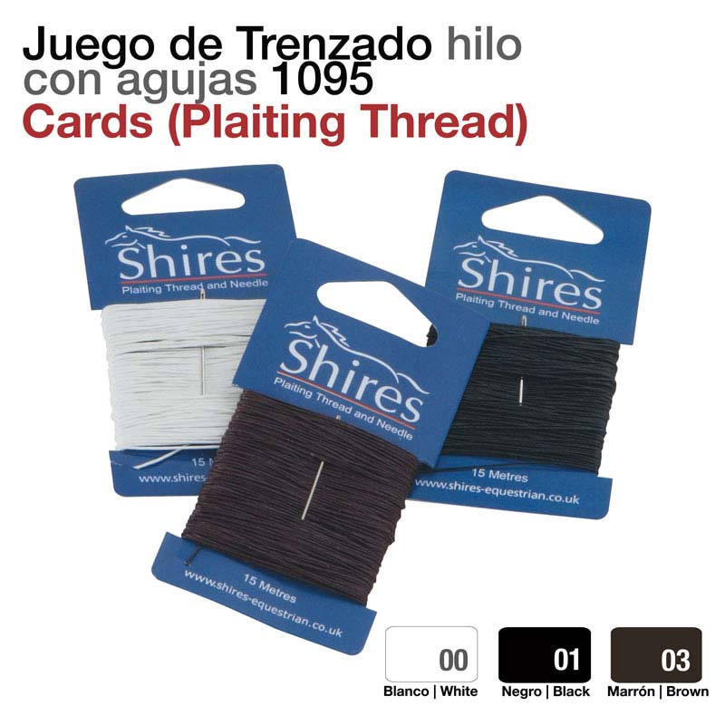 Três rolos de linha para trançar Shires com agulha, em branco, preto e castanho, em cartão azul.