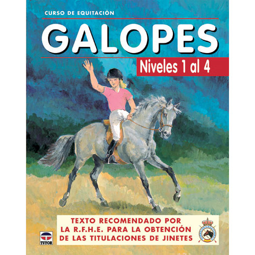 Capa de livro Curso de Equitação Galopes Níveis 1 a 4 com cavaleira montando cavalo cinza.