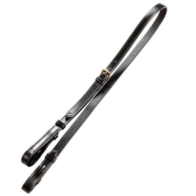 Correia de cabedal preta com fivela dourada e buracos para ajuste