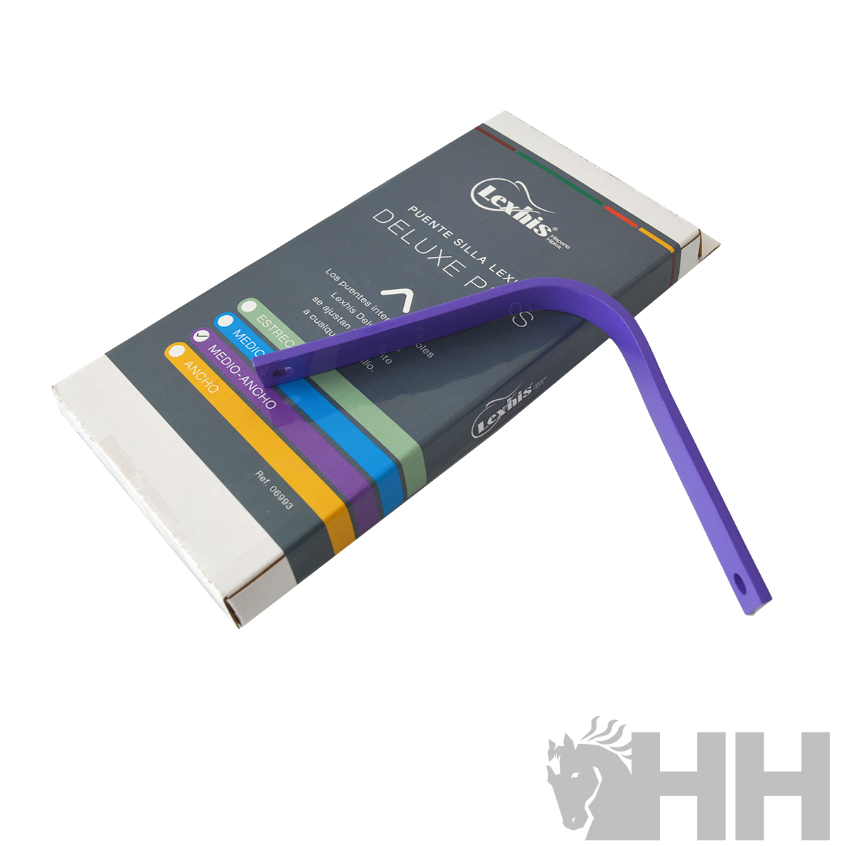 Chave inglesa roxa para armas sobre embalagem cinza escuro com texto