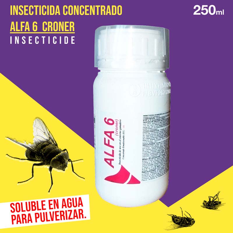 Frasco de inseticida Alfa 6 Croner 250ml com mosca e insetos mortos em fundo roxo e amarelo