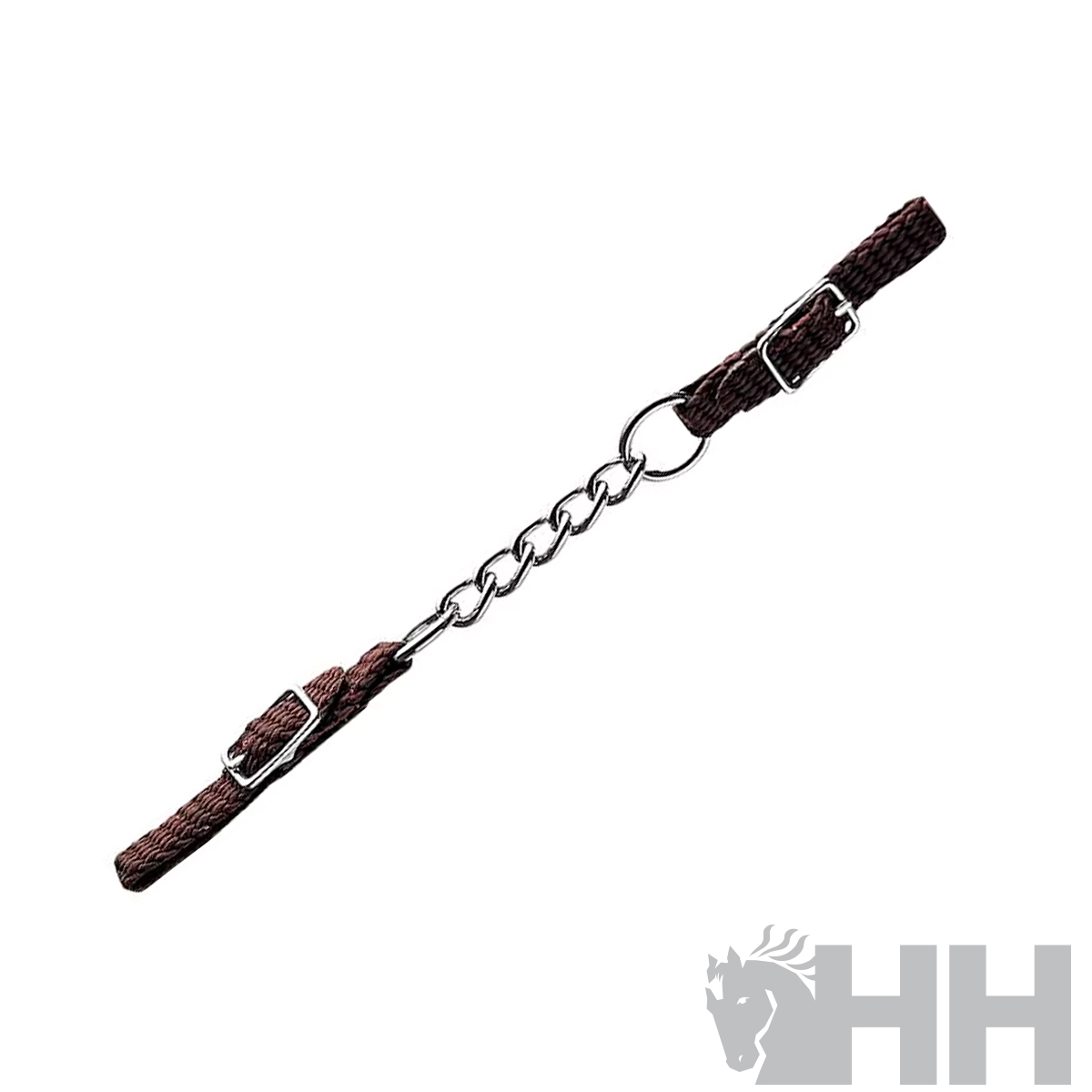 Cabo de reforço em têxtil castanho com corrente metálica prateada