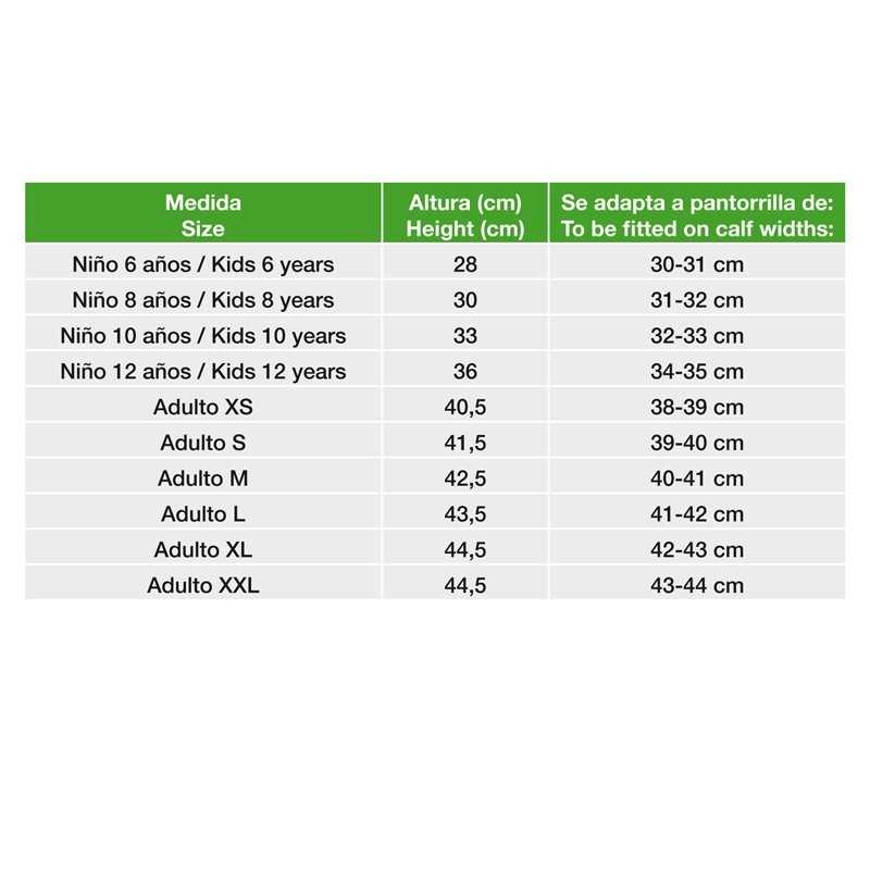 Tabela de tamanhos com alturas e larguras de panturrilha para crianças e adultos.