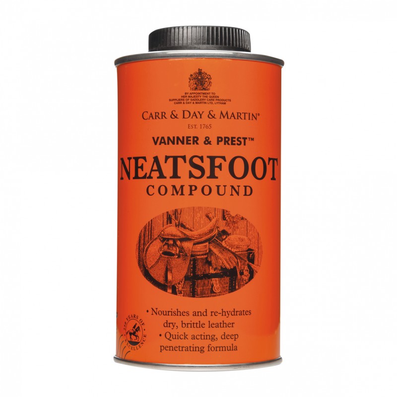Lata metálica laranja de produto para pele NEATSFOOT COMPOUND com tampa preta