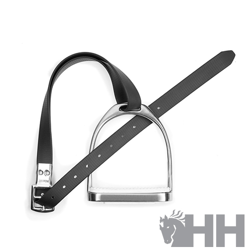 Estribo metálico prateado com correia preta ajustável para equitação