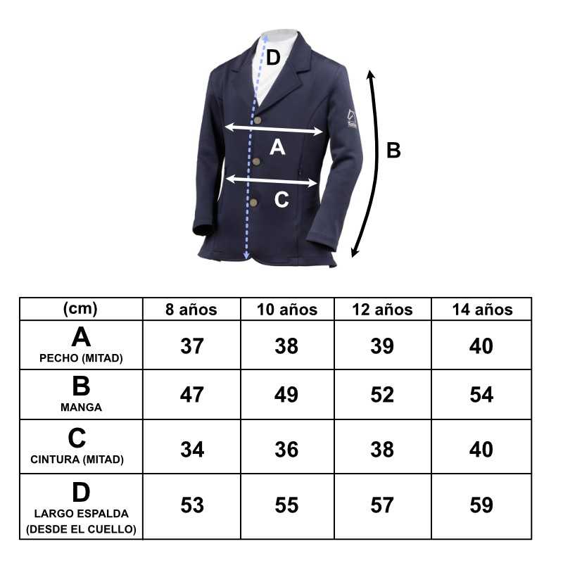 Blazer infantil azul escuro com tabela de medidas