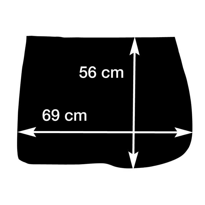 Peça de roupa preta com medidas 56 cm x 69 cm