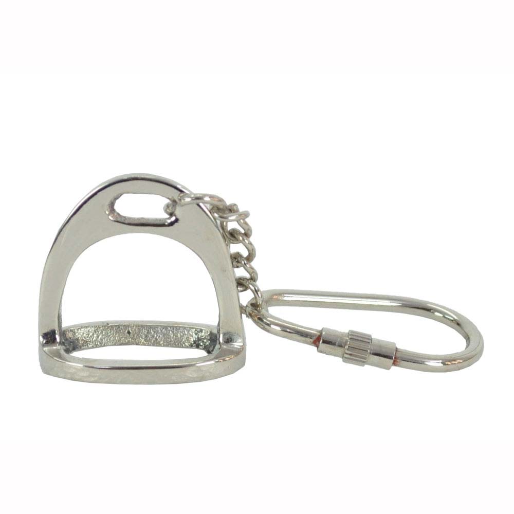 Chaveiro metálico prateado em forma de estribo com corrente curta e argola