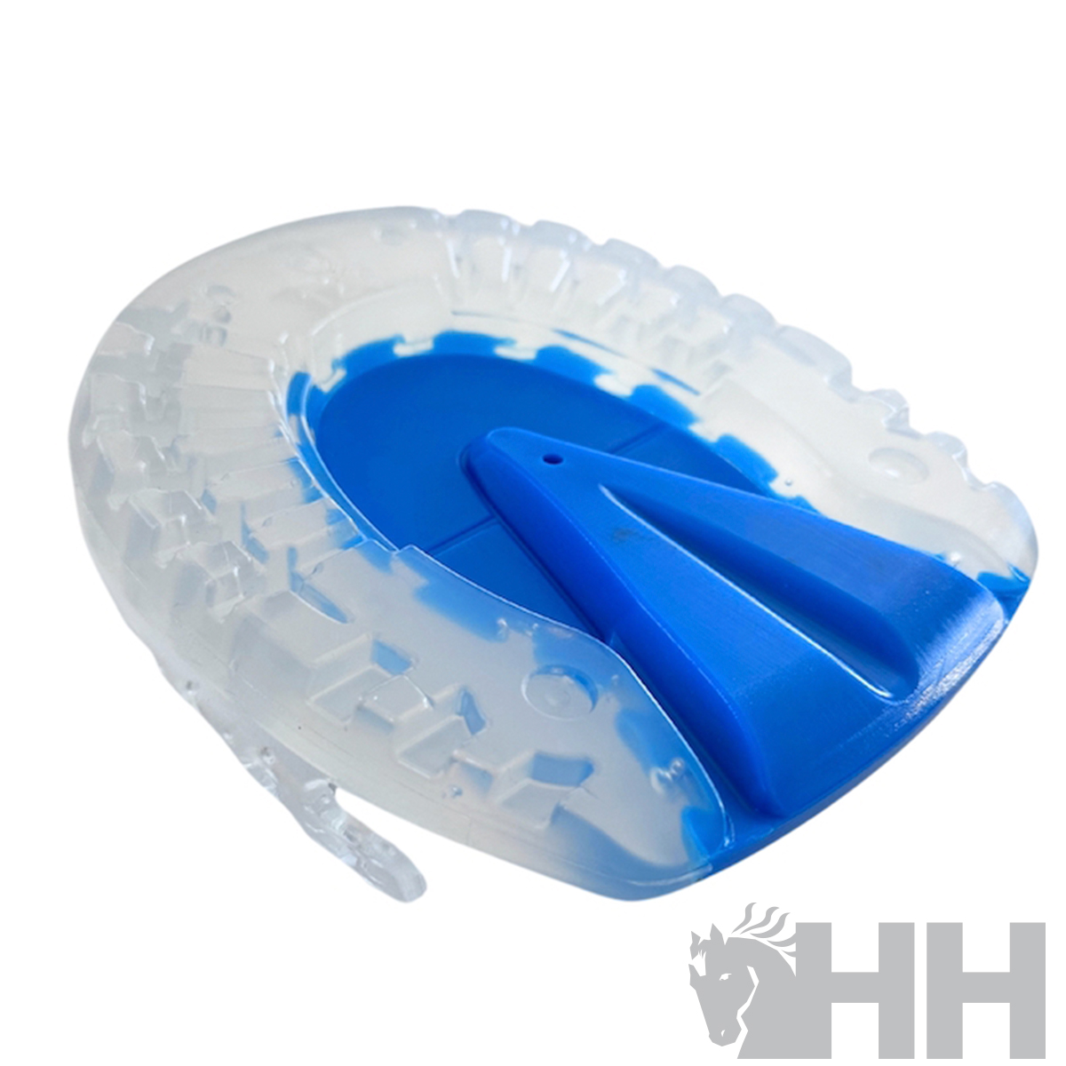 Dispositivo plástico transparente e azul com textura dentada em forma circular