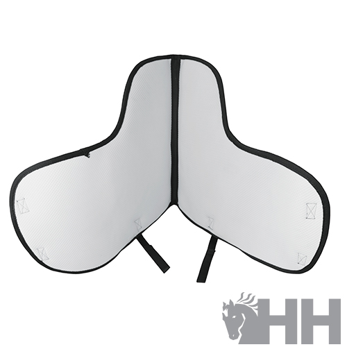 Protetor de assento branco com contorno preto e tiras de fixação