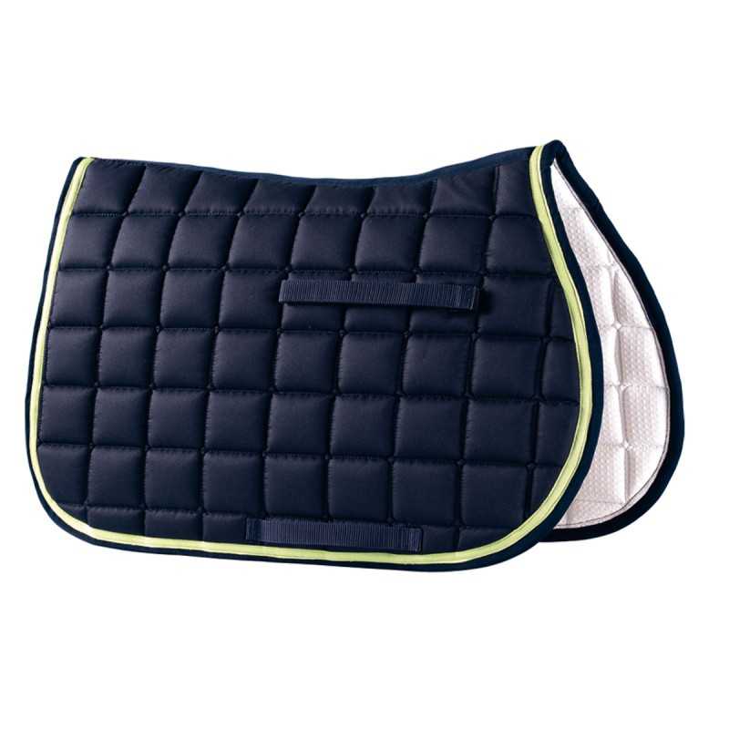 Tapete para sela de cavalo azul escuro acolchoado com borda verde-claro e interior branco