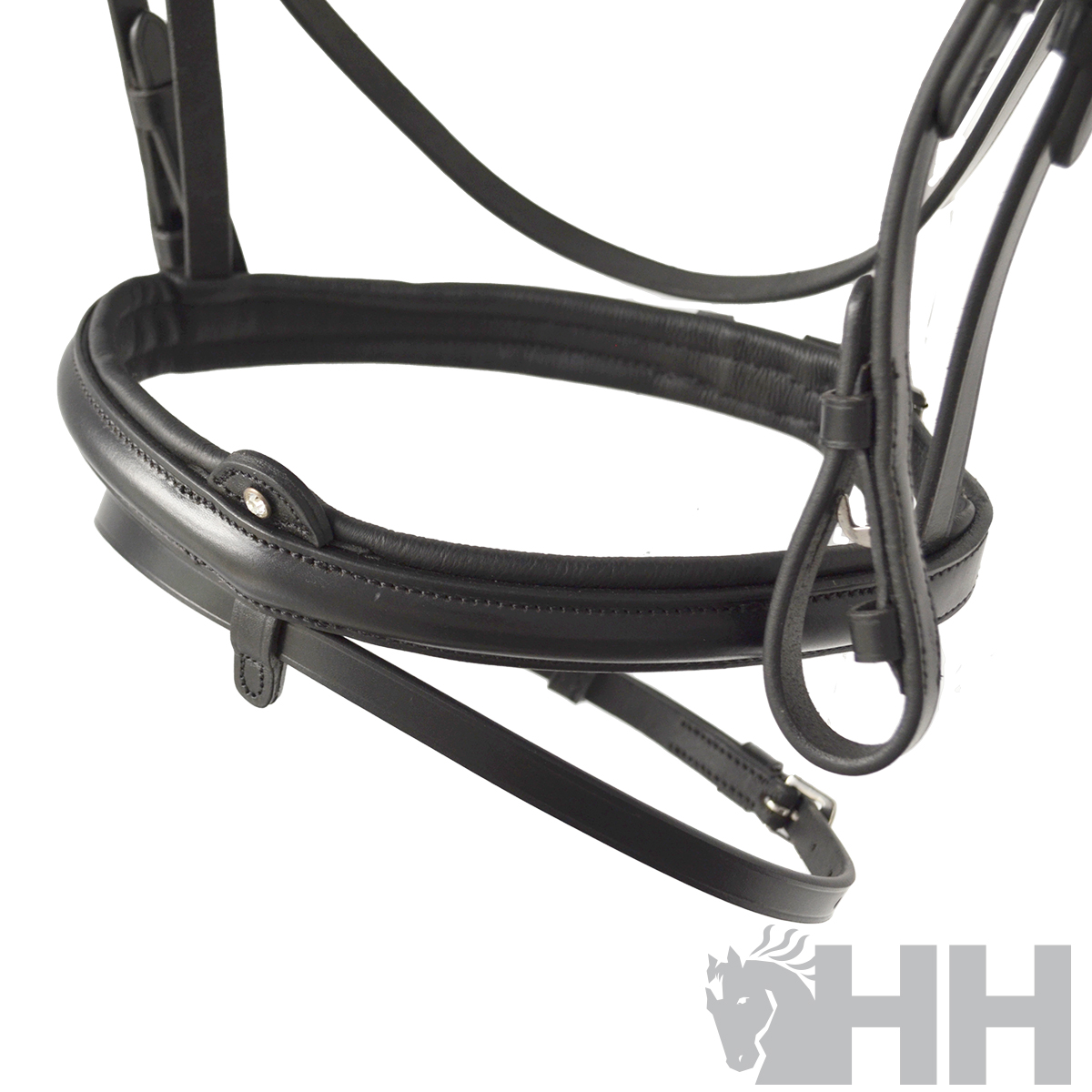 Freio de equitação em couro preto acolchoado com tiras ajustáveis e fivela