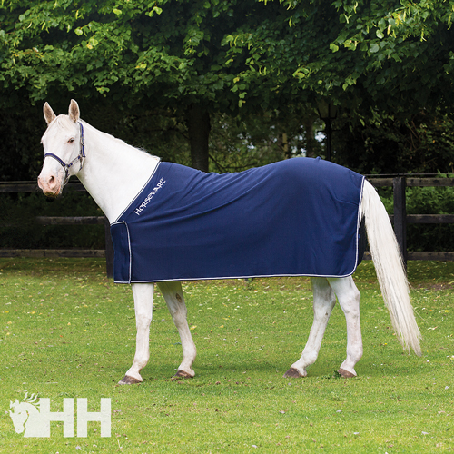 Cavalo branco com manta azul escura Horseware num campo verde