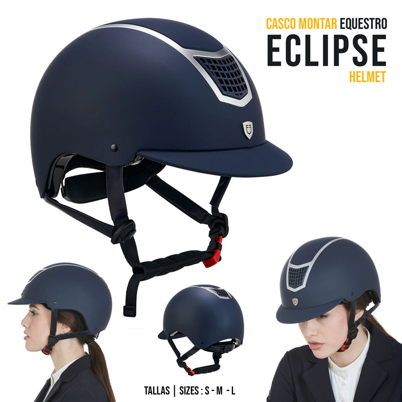 Capacete equestre azul escuro com viseira e correias de ajuste pretas