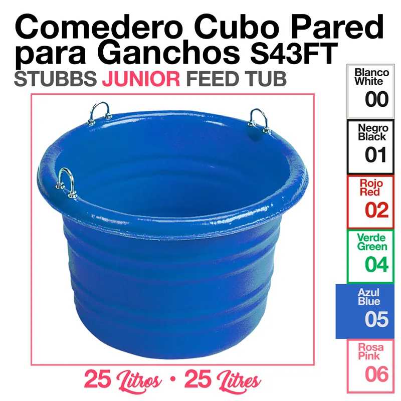 Comedouro cubo azul com ganchos metálicos para parede, capacidade 25 litros.