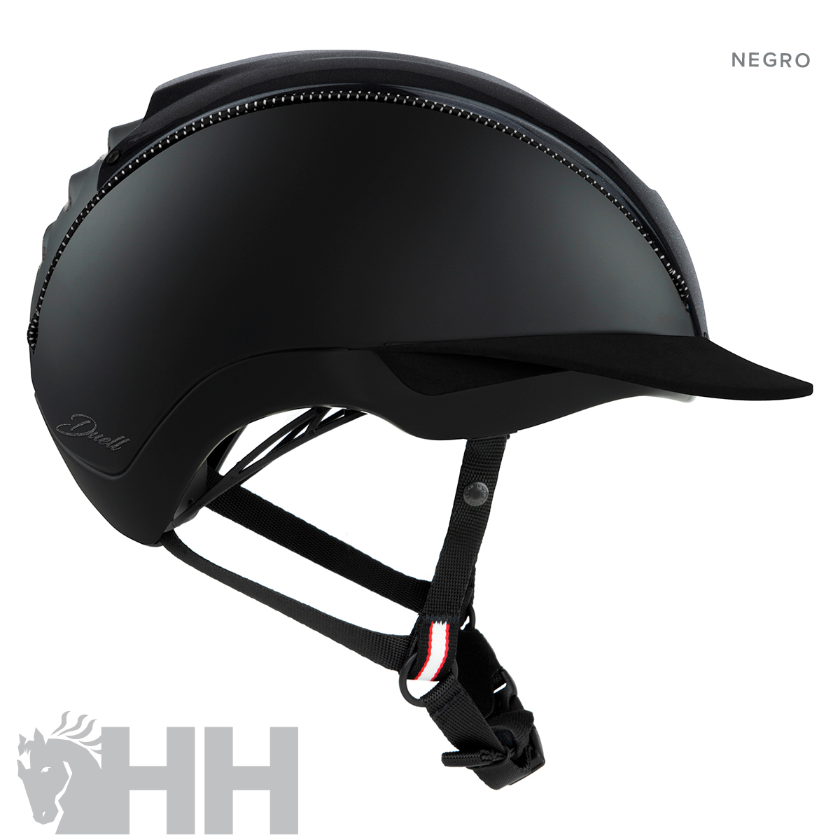 Capacete de equitação preto com alças de segurança ajustáveis em fundo branco