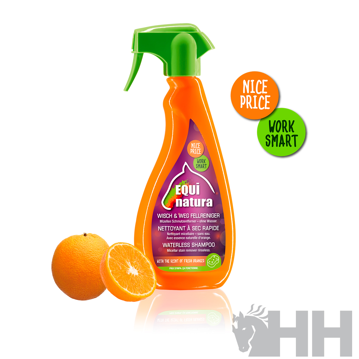 Frasco de champô ecológico Equi Natura com spray verde e laranja, com laranjas ao lado