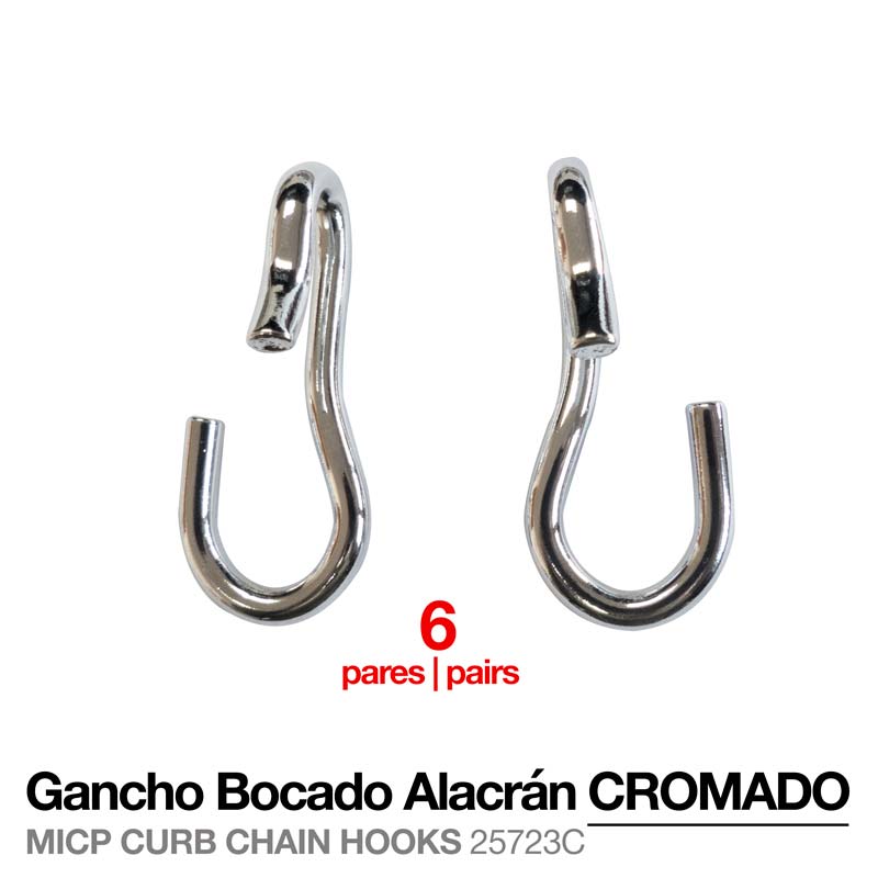 Gancho bocada alacrán cromado metal prateado em pares com texto descritivo