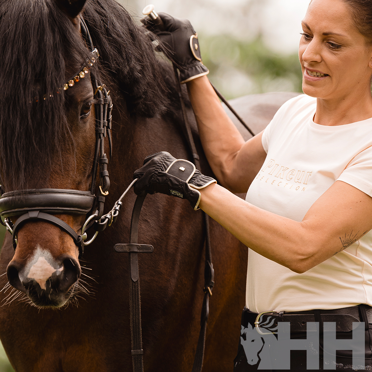 Mulher com t-shirt branca a segurar rédeas de cavalo castanho com crina preta.