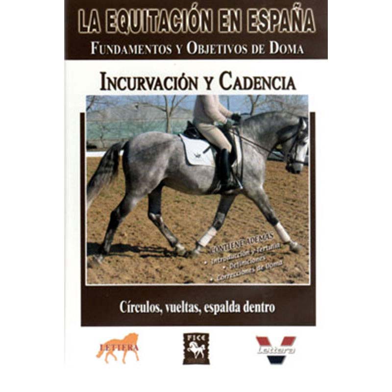 Capa de livro com cavalo cinza montado e título sobre equitação em Espanha