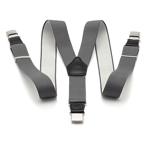 Suspensórios cinzentos com fivelas metálicas e peça de couro preto