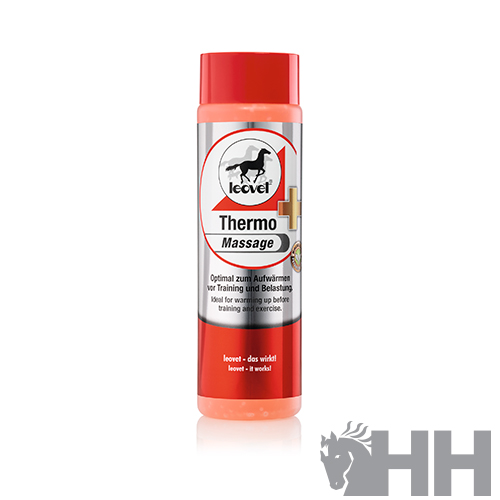 Frasco de óleo de massagem Thermo Massage Leovet vermelho e transparente com logótipo de cavalo