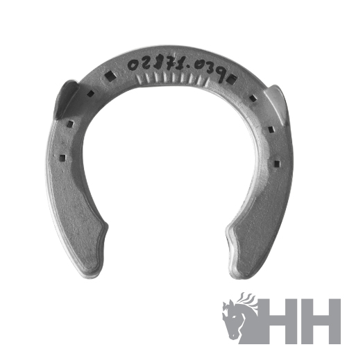 Ferradura metálica cinzenta com inscrição 02377.0390