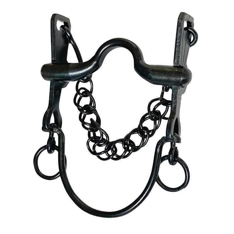 Freio de cavalo em metal preto com corrente e argolas