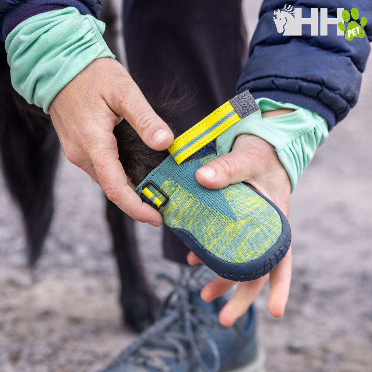 Bota protetora azul e amarela para cão segurada por mãos humanas ao ar livre