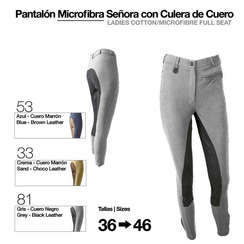 Pantalões de microfibra para senhora com culera de couro, em três cores e tamanhos 36 a 46.